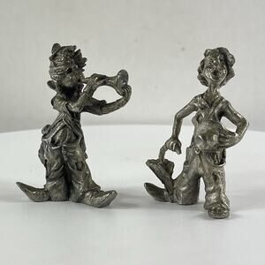 Two Vintage Miniature 2.5" Pewter Musical Clown Figures Sculptures
